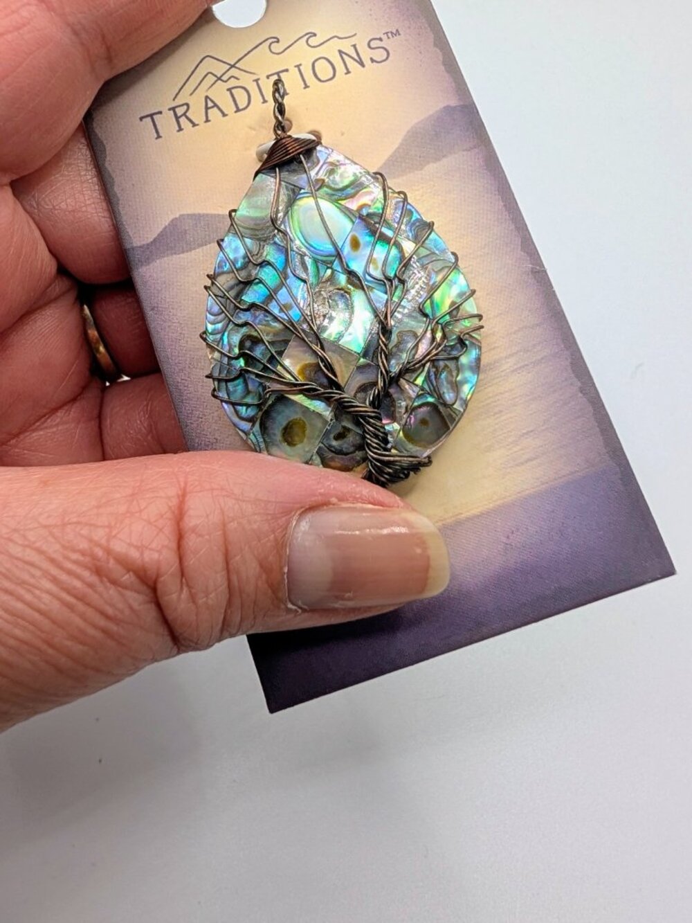 Tree of Life Abalone Iridescent Green & Blue Teardrop Pendant - NWT